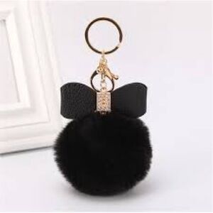 Faux Fur Pom Pom Keychain Charm with Bow & Rhinestones